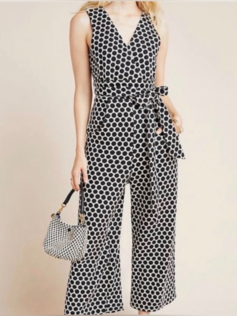Anthropologie Eva Franco Masha wide leg cropped polka dot jumpsuit sz XS